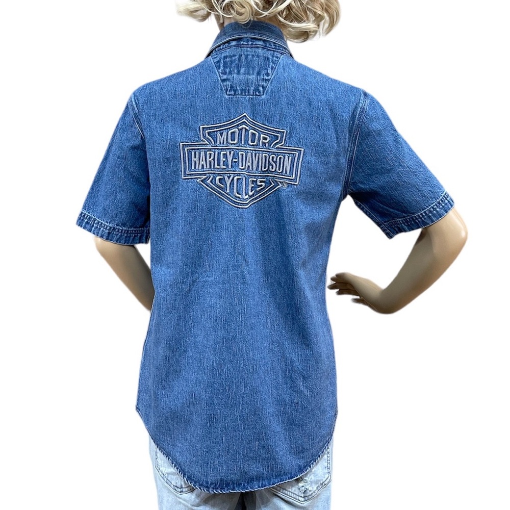 HARLEY-DAVIDSON Blue Denim Fitted Women’s Snap Button Shirt Size Small